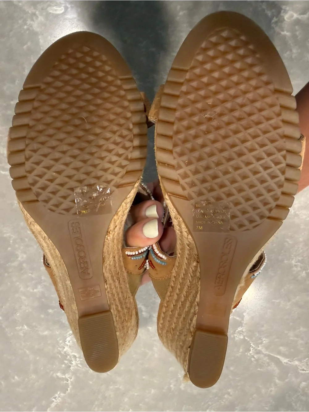 Aerosoles Beaded Espadrille Wedge Sandals Tan Suede Boho Size 7M